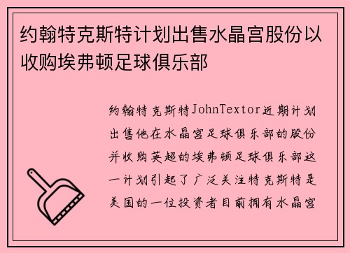 约翰特克斯特计划出售水晶宫股份以收购埃弗顿足球俱乐部 约翰特克斯特计划出售水晶宫股份以收购埃弗顿足球俱乐部